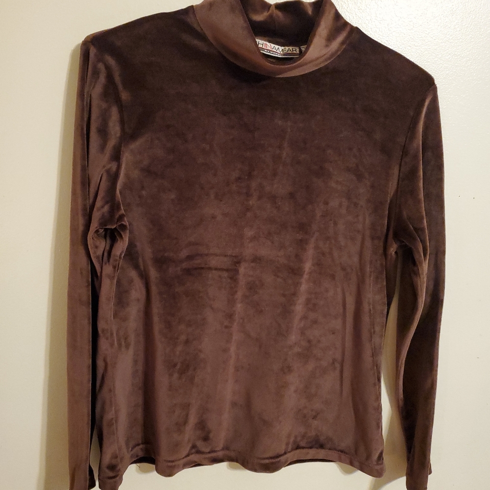 Vintage Brown Velvet Mock Neck Long Sleeve Blouse